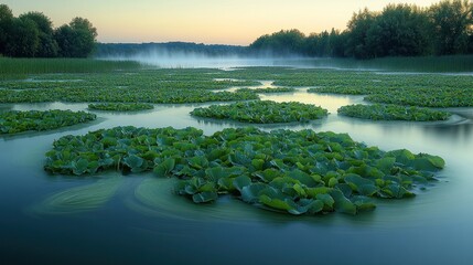 Fototapeta premium Tranquil lake, misty dawn, lush lily pads.