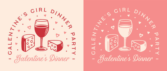 Galentine's Day girl dinner party besties night wine theme printable invitation card cute French food illustration. Preppy coquette girly pink red retro aesthetic single women Valentine shirt design.