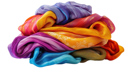 A pile of colorful silks in various shades and textures displayed on a flat surface