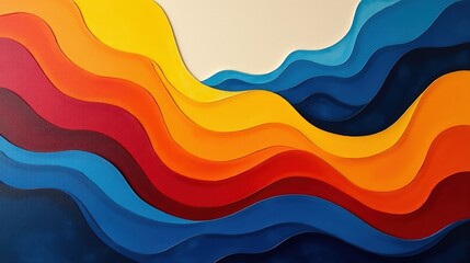 A colorful non-representational design with dynamic, overlapping wave-like forms in bold red, yellow, and blue, creating a playful and celebratory mood.