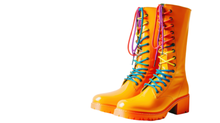 Pair of yellow boots with colorful laces placed on a wooden floor background