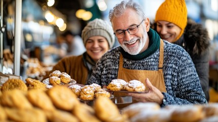 Joyful Senior Man Enjoying Fresh Baked Goods at Outdoor Market