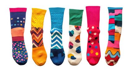 Five pairs of colorful socks arranged neatly on a wooden surface for display or sale