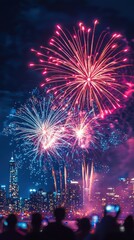 City skyline illuminated by festive fireworks display