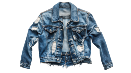 Denim jacket with distressed holes and rips on the front and back for casual fashion wear