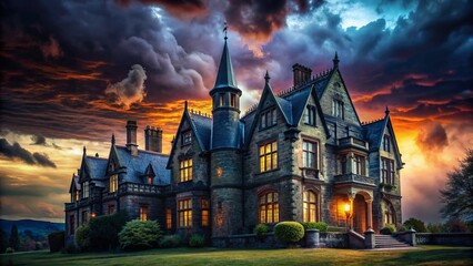 Obraz premium Eerie Victorian Mansion Silhouette at Dusk: Spooky Gothic Architecture Photography