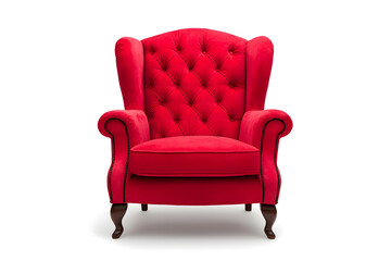 Elegant red velvet armchair with wooden legs. Santa's red velvet armchair isolated on white background