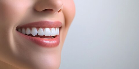 Obraz premium Beautiful Smile. Female smiling, perfect white teeth, close up. Healthy smiles. Perfect teeth of smiling young woman on a white background. Whitening. Dental clinic patient. Oral care, dentistry