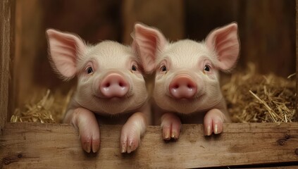 Two Adorable Baby Pigs Resting Together in a Barn Surrounded by Straw, Capturing Their Playful Spirit and Innocent Curiosity