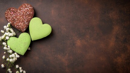 Obraz premium Decorative Hearts and Delicate Flowers on Rustic Brown Background