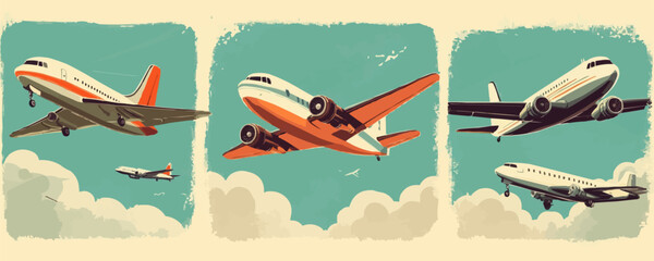 Retro vector aeroplanes in flight with vintage style panels.