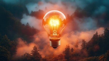 Illuminating Ideas: A Glowing Bulb Over a Misty Forest