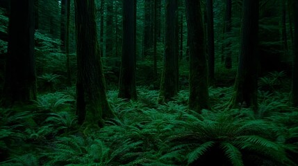Deep Forest Scene with Mossy Trees and Ferns