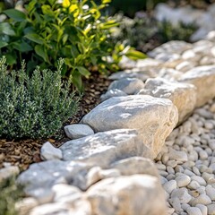 Fototapeta premium Garden rocks border, plants, mulch; landscaping design