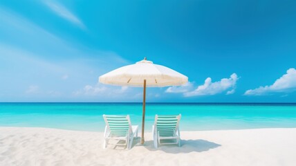 Relaxing beach scene with two chairs under an umbrella tropical paradise photo sunny atmosphere calming view serenity