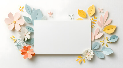Fototapeta premium Invitation mockup, blank white paper with paper cut blossom and flowers. Woman's day, 8 march, Easter, Mother's day, anniversary greeting cardflowers and