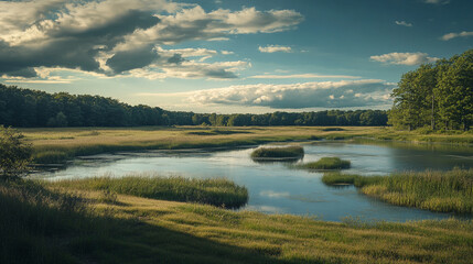 Fototapeta premium Serene Summer River Landscape Peaceful Nature Scene Tranquil Water Meadow Green Grass Sky Clouds 