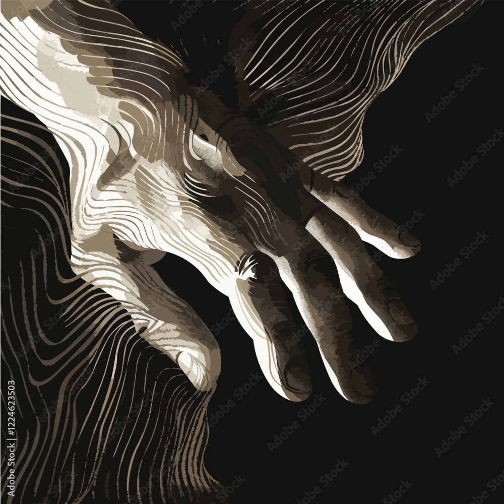Poster vector art: dynamic hand with abstract line patterns.