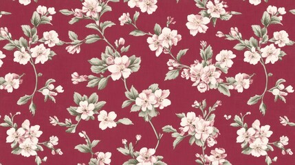 Delicate Blossom Floral Pattern on Burgundy Fabric