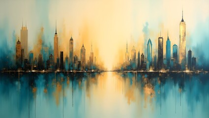 Fototapeta premium A serene painting of the New York City skyline at dawn, with warm light reflecting on the calm water and a small boat in the foreground.