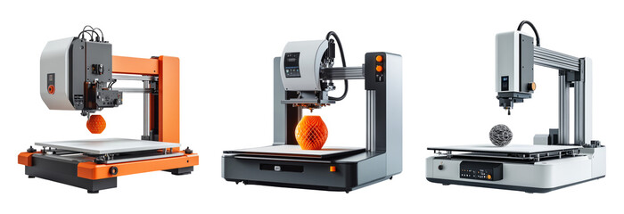 Three modern 3D printers showcasing different designs and features
