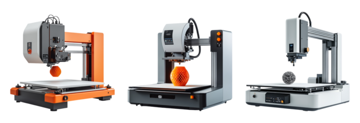 Three modern 3D printers showcasing different designs and features