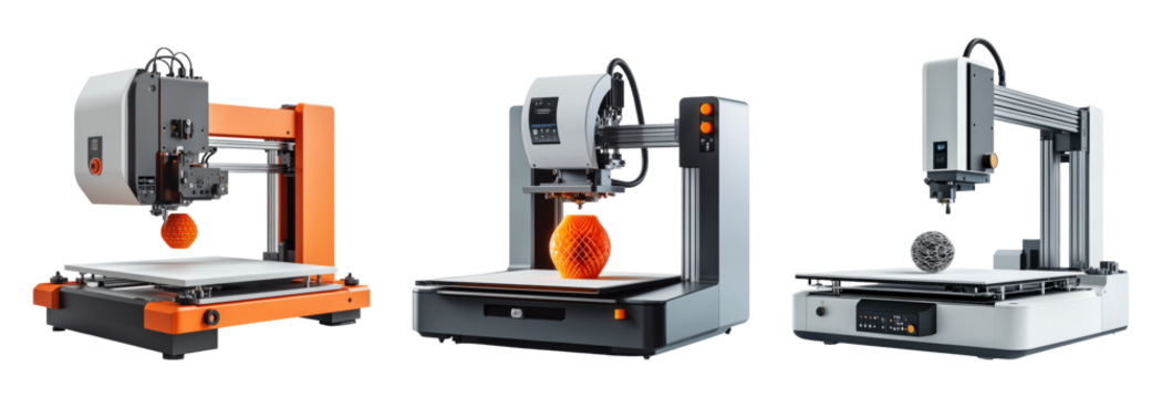 Three modern 3D printers showcasing different designs and features
