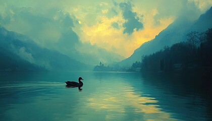 Solitary duck swims lake, misty mountain sunset
