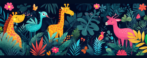 Obraz premium Whimsical jungle animals vector in lush foliage.