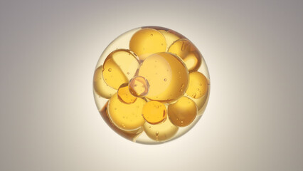 Essence with several atoms floating in the drop. Hyaluronic Serum Drop with Cosmetic. Collagen serum for skin