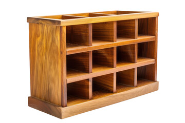 A beautifully crafted wooden organizer showcasing multiple compartments for stylish storage on a bright surface isolated on transparent background
