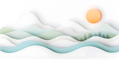 Landscape with mountains and sea waves in paper cut style