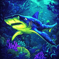 A vector illustration of a glowing hammerhead shark's face with neon green accents, swimming through glowing coral.