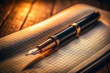 Elegant Fountain Pen on Grid Notebook - Low Light Photography Stock Photo