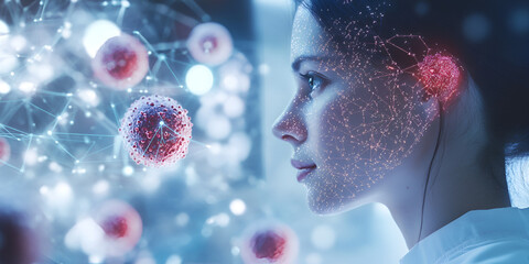 A scientist closely analyzing a virus structure through a futuristic digital AI interface. Glowing holographic visuals display data, symbolizing the fusion of artificial intelligence, medicine.