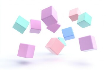 whimsical 3d rendered pastel-colored geometric blocks floating in white space, with soft shadows and playful arrangements suggesting movement and imagination