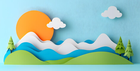 Landscape with mountains and sea waves in paper cut style