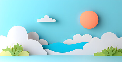 Fototapeta premium Landscape with mountains and sea waves in paper cut style
