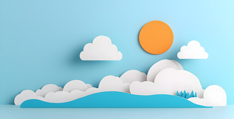 Landscape with mountains and sea waves in paper cut style