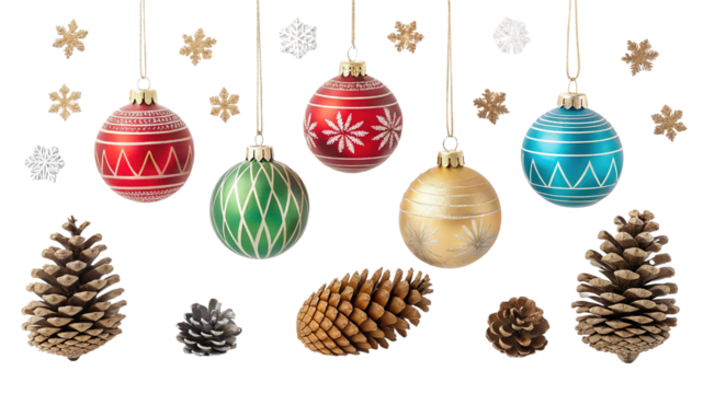 Festive Christmas ornaments and pine cones adorned with sparkling details, perfect for holiday decorations, seasonal crafts, and creating a cozy winter vibe on transparent background PNG