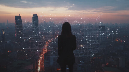 Fototapeta premium Abstract business woman stands on Smart digital Innovation city with connection network reciprocity over the twilight cityscape. of future wireless digital city and social media networking systems
