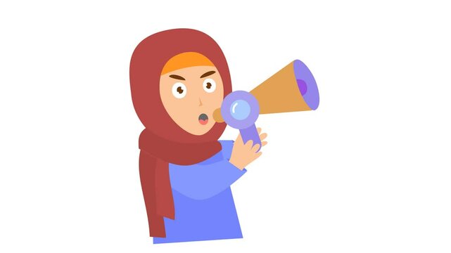 A woman in hijab using a megaphone for an announcement in a cartoon animation. Alpha channel. Seamless looping. Suitable for adorable stickers and digital marketing video element content