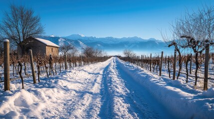 Snowy Vineyard Pathway with Country House in Winter