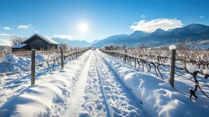 Snowy Vineyard Pathway with Country House in Winter