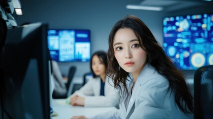 Professional Woman in Modern Office Setting with Technology Background