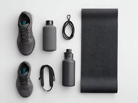 Fitness Essentials: A sleek, minimalist arrangement of essential workout gear, perfectly composed on a clean backdrop, evokes a sense of readiness and a commitment to personal fitness.