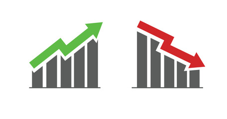 Graph going Up and Down sign with green and red arrows vector. Flat design vector illustration concept of sales bar chart symbol icon with arrow moving down and sales bar chart with arrow moving up.