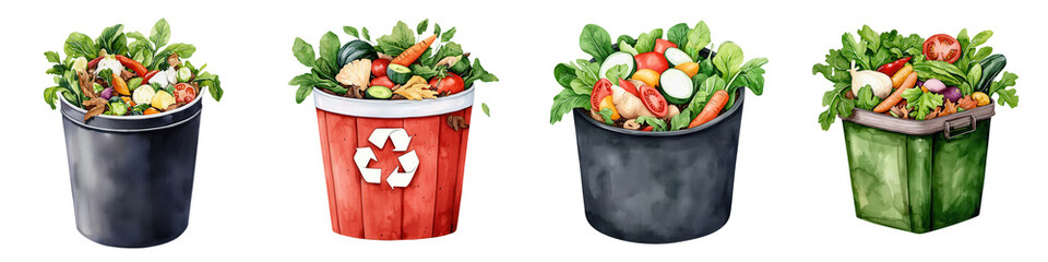 Colorful Compost Bins with Fresh Food Waste and Vegetables