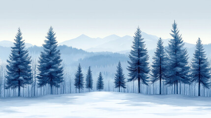 Naklejka premium A Scandinavian wallpaper of stylized pine forests in crisp white on a pale blue background