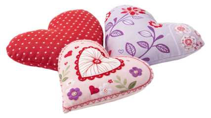 Collection of heart-shaped decorative pillows featuring intricate patterns, elegant textures, and soft pastel shades for cozy and stylish interiors on transparent background PNG
